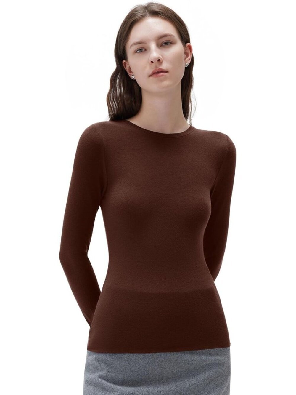 Women's Brown Long Sleeve Crew Neck Pull On Slim Fitted Imported Tops Shirts